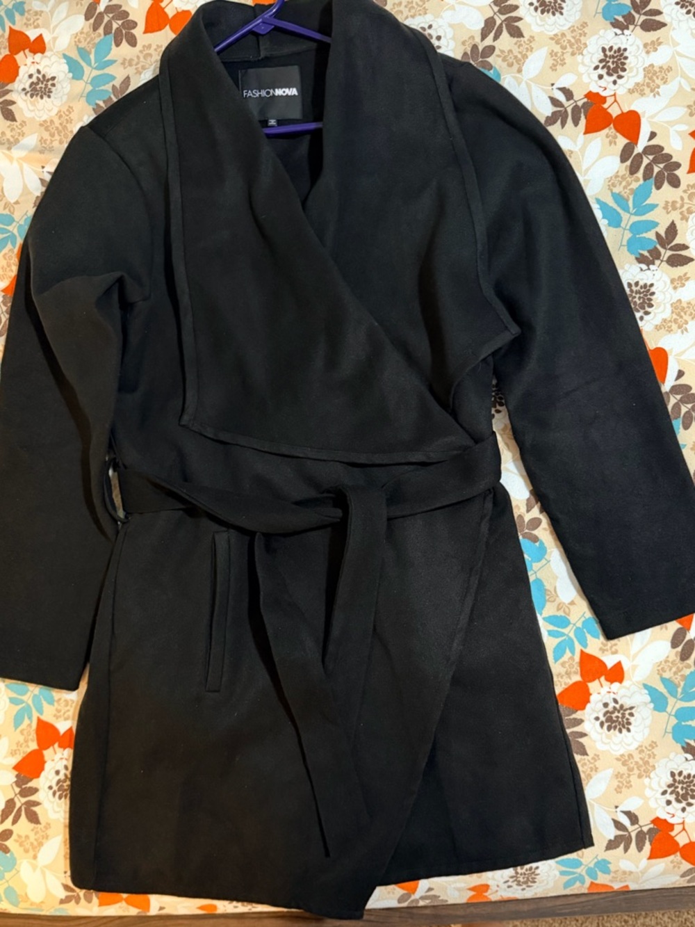 Fashion Nova Black Draped Wrap Coat with Belt